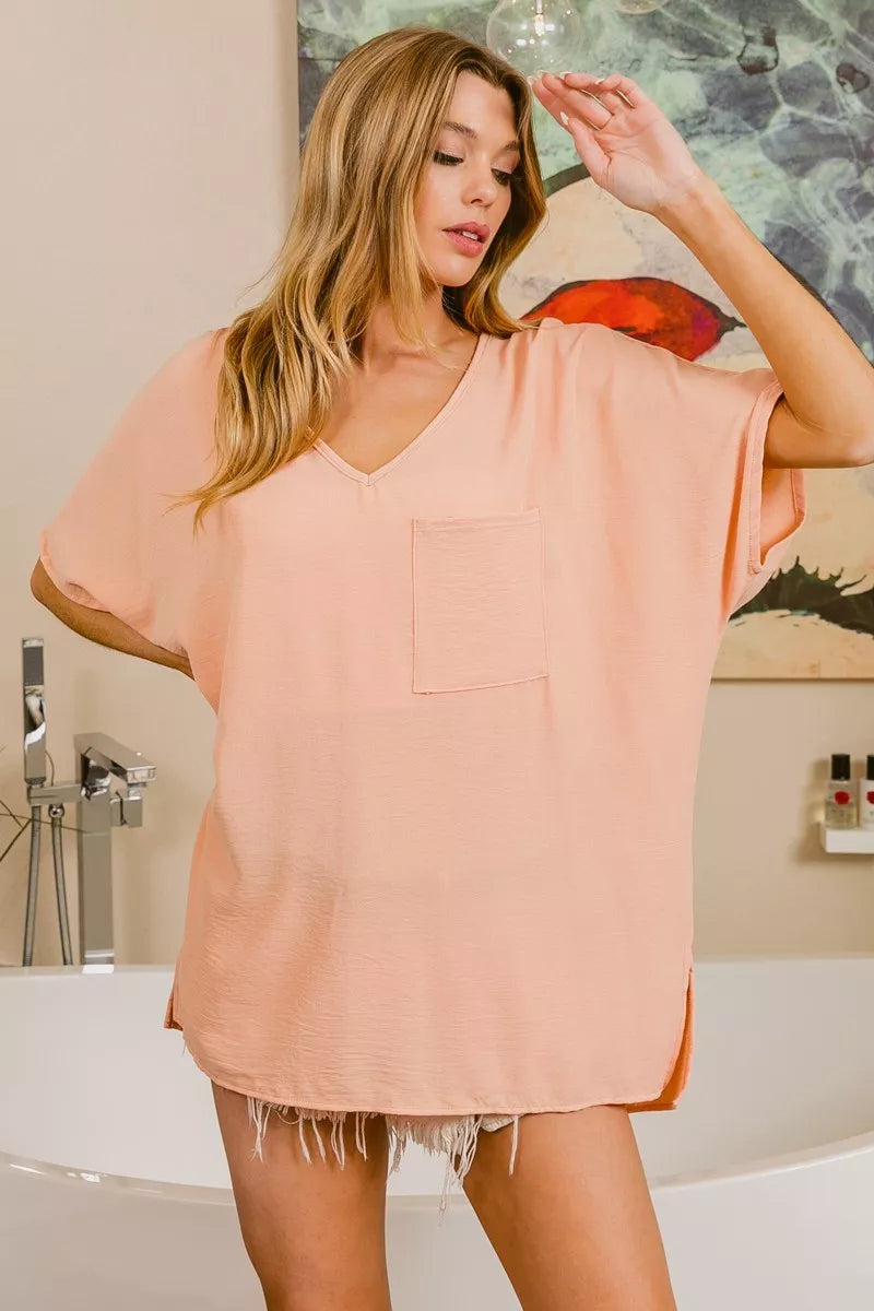 BiBi Woven V Neck Hi-low Boxy Top With Front Pocket
