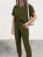 Full Size Round Neck Top and Drawstring Pants Set Plus Size