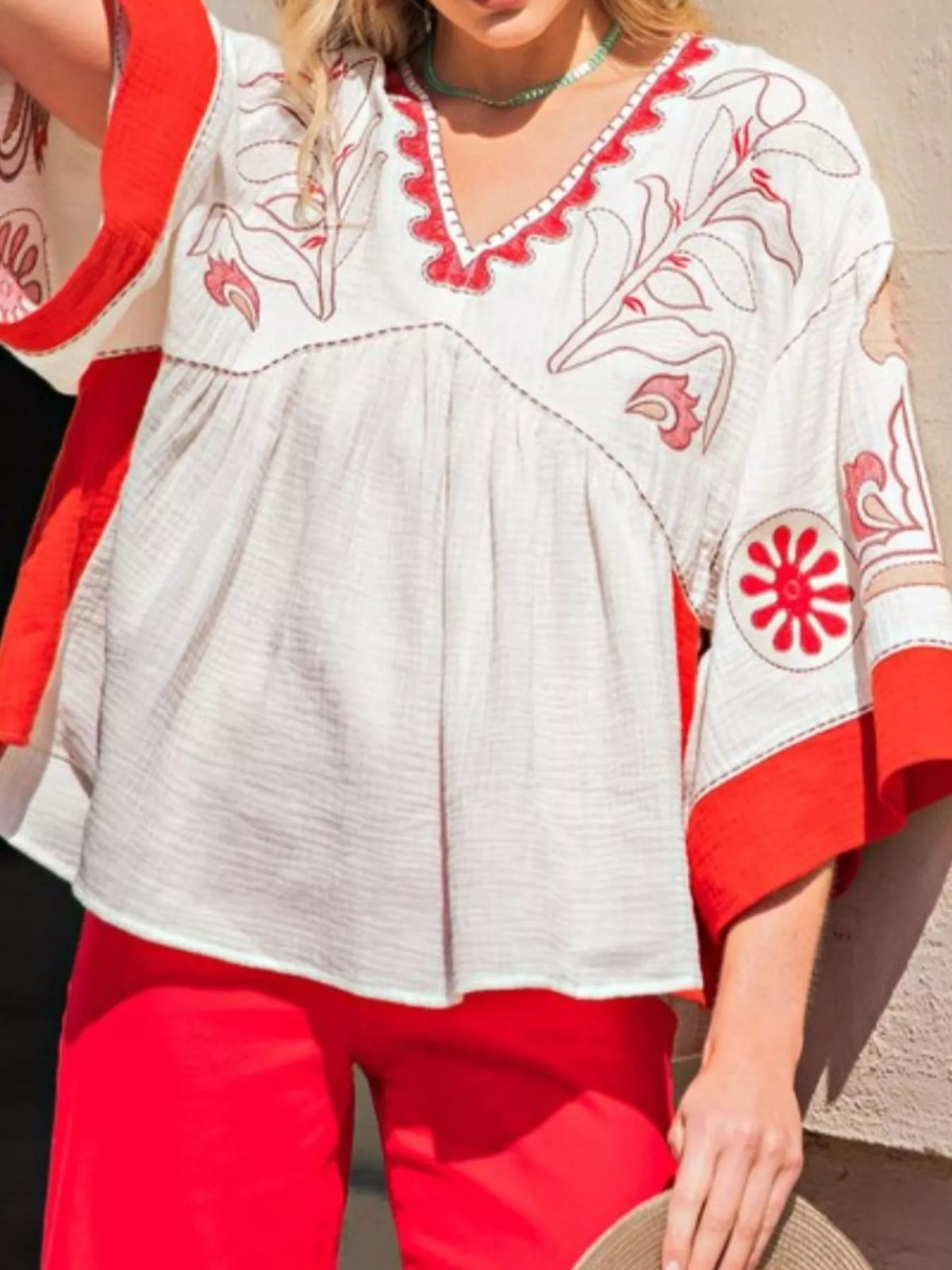 Printed V-Neck Top with Contrast Trim Details