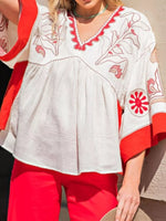 Printed V-Neck Top with Contrast Trim Details