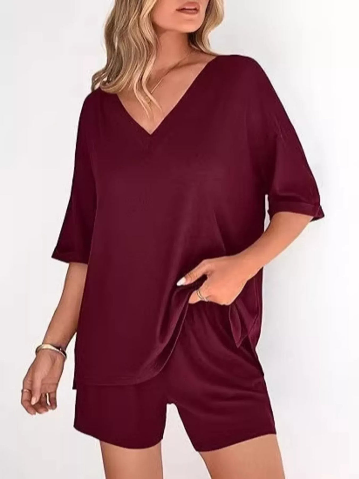 Solid Color V-Neck and Shorts Set
