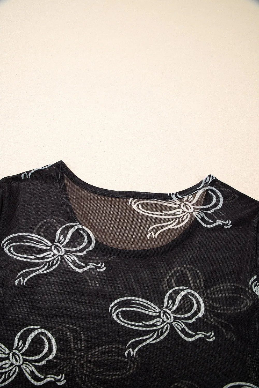 Bow Mesh Round Neck Short Sleeve T-Shirt