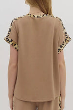 Light French Leopard Trim Round Neck Loose T Shirt