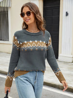 Contrast Round Neck Long Sleeve Sweater