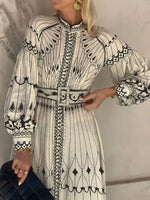 Printed Long Sleeve Shirt Dress with Belt