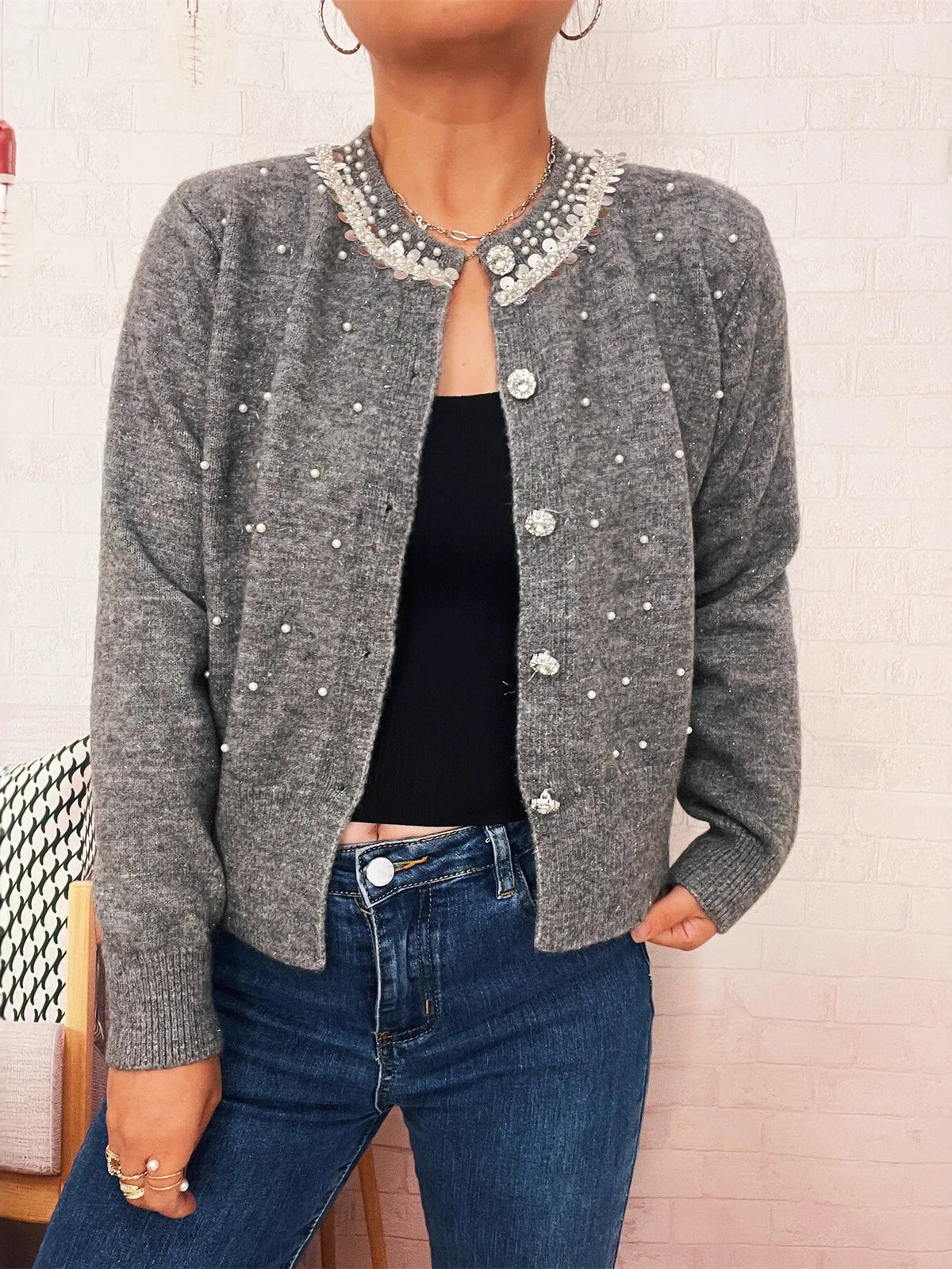 Pearl Detail Button-Front Cardigan