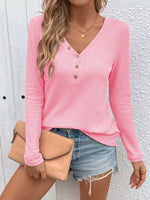 Waffle Knit Button-Detail V-Neck T-Shirt