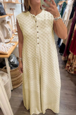 Half Buttons Sleeveless Wide Leg Textured Jumpsuit
