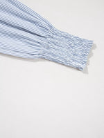 Pinstripe Long Sleeve Smocked Cuffs Button Shirt Collar Blouse