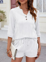 Textured Notched Top and Drawstring Shorts Set