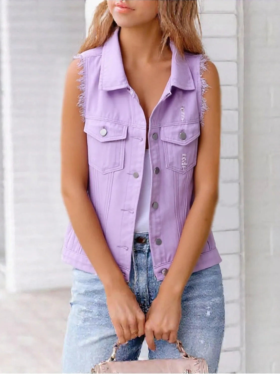 Full Size Sleeveless Frayed Denim Vest Jacket Plus Size