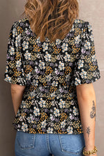 Floral Print V Neck Smocked Babydoll Blouse