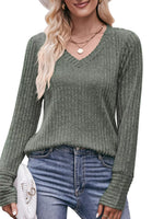 V-Neck Ribbed Knit Long Sleeve T-Shirt