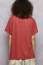 POL Ribbed Knit V-Neck Short Sleeve T-Shirt with Side Slit