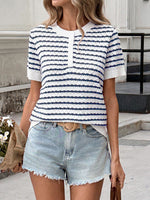Striped Button Detail Short Sleeve Knit Top
