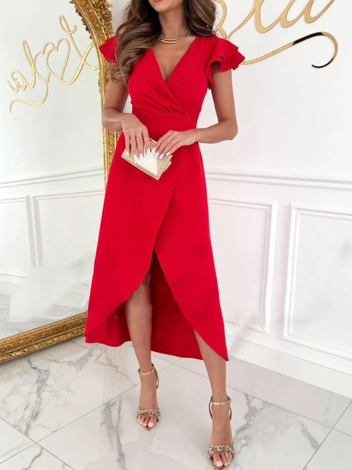 Surplice Ruffled Cap Sleeve Dress