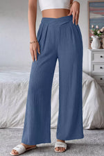 Solid Color Textured Crossed Waist Loose Pants
