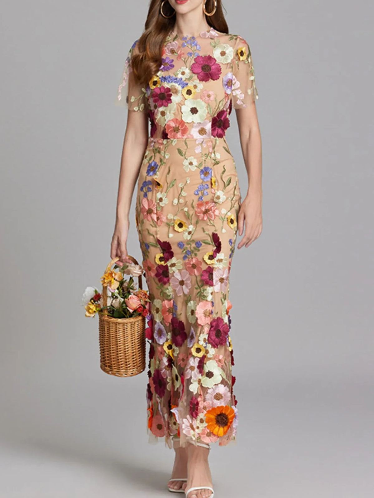 Floral Embroidered Mesh Overlay Maxi Dress