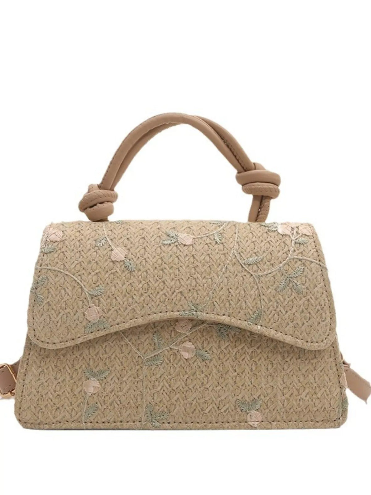 Floral Embroidered Straw Woven Crossbody Bag
