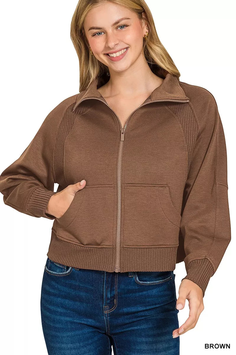 Zenana Scuba Full Zip Cropped Jacket with Pockets
