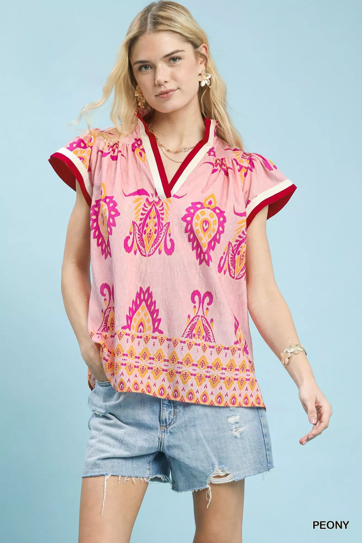 Umgee Border Print Split-Neck Boho Top