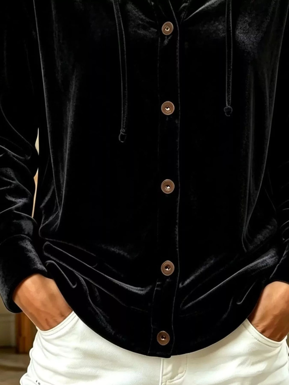 Full Size Velvet Button-Down Hooded Top Plus Size