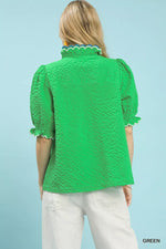 Umgee Textured Puff Sleeve Top with Scalloped Trim