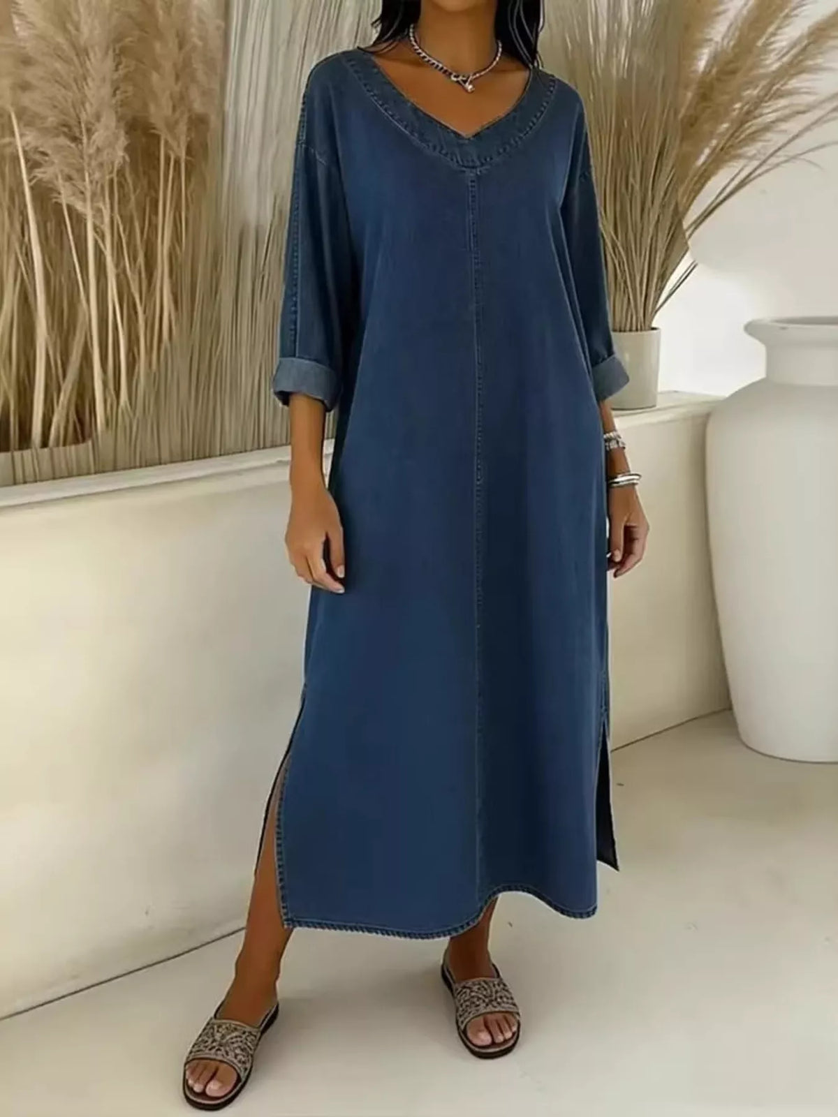 Side Slit V-Neck Midi Dress