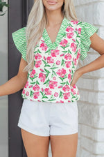 Floral Print Striped Ruffle Trim V Neck Blouse