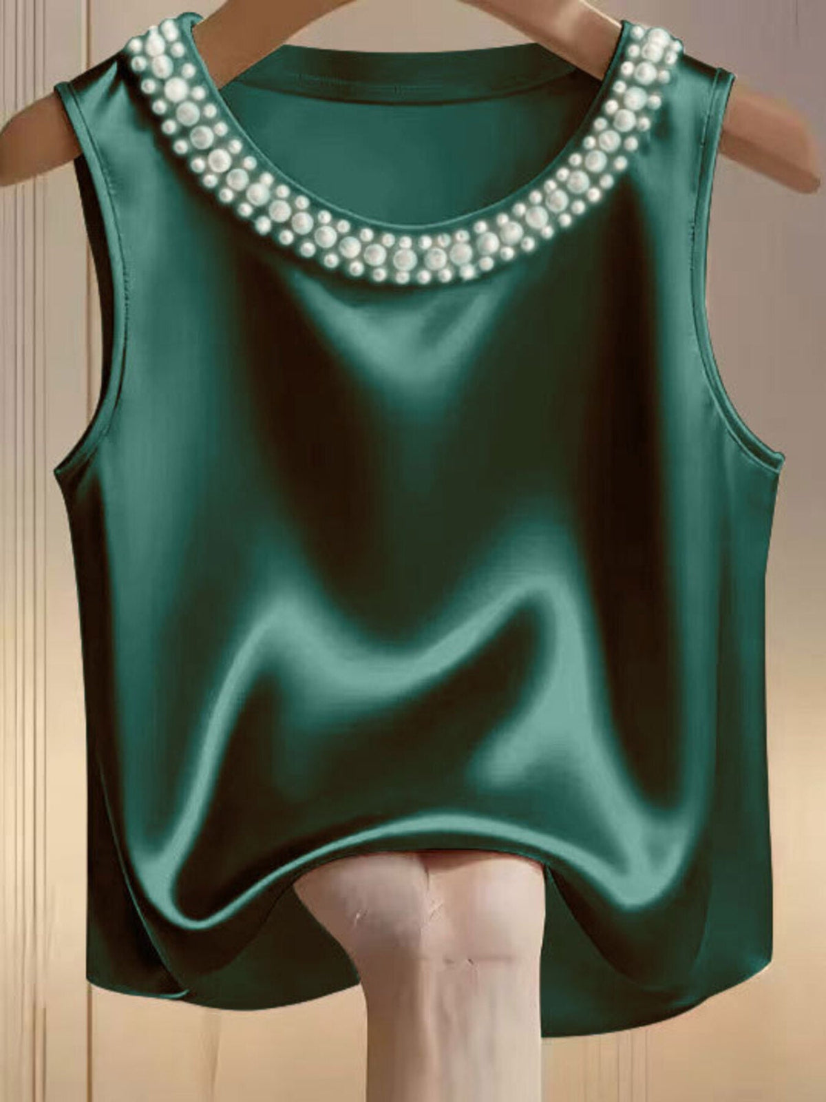 Pearl Embellished Satin Tank Top