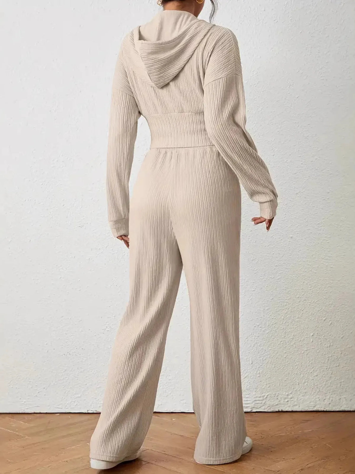 Drawstring Zip Up Hooded Top and Pants Set
