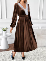Velvet A-Line Dress with Lace Trim