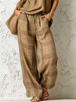 Full Size Sleeveless Cowl Neck Top and Plaid Wide-Leg Pant Two-Piece Set Plus Size