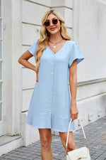 Tied Button Up Short Sleeve Mini Shirt Dress