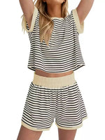 Full Size Striped Round Neck Top and Shorts Set Plus Size