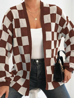 Checkerboard Pattern Open Front Knit Cardigan