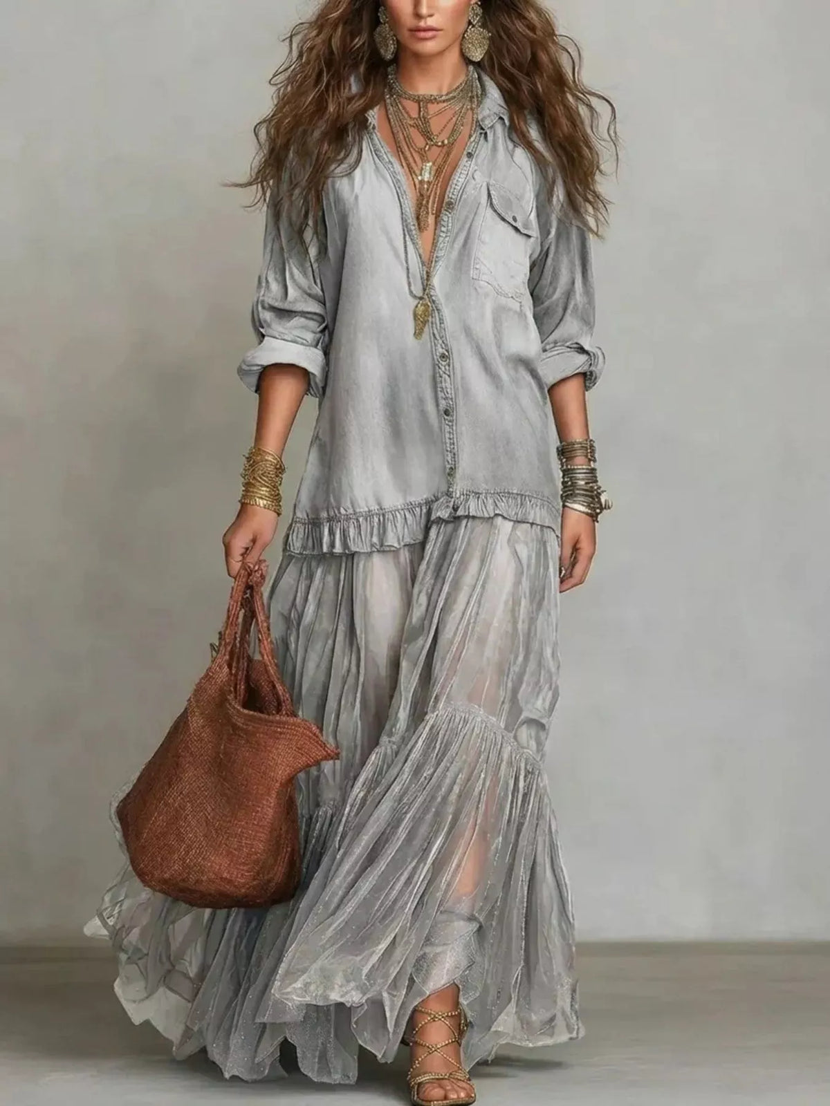 Long Sleeve Sheer Ruffle Maxi Dress