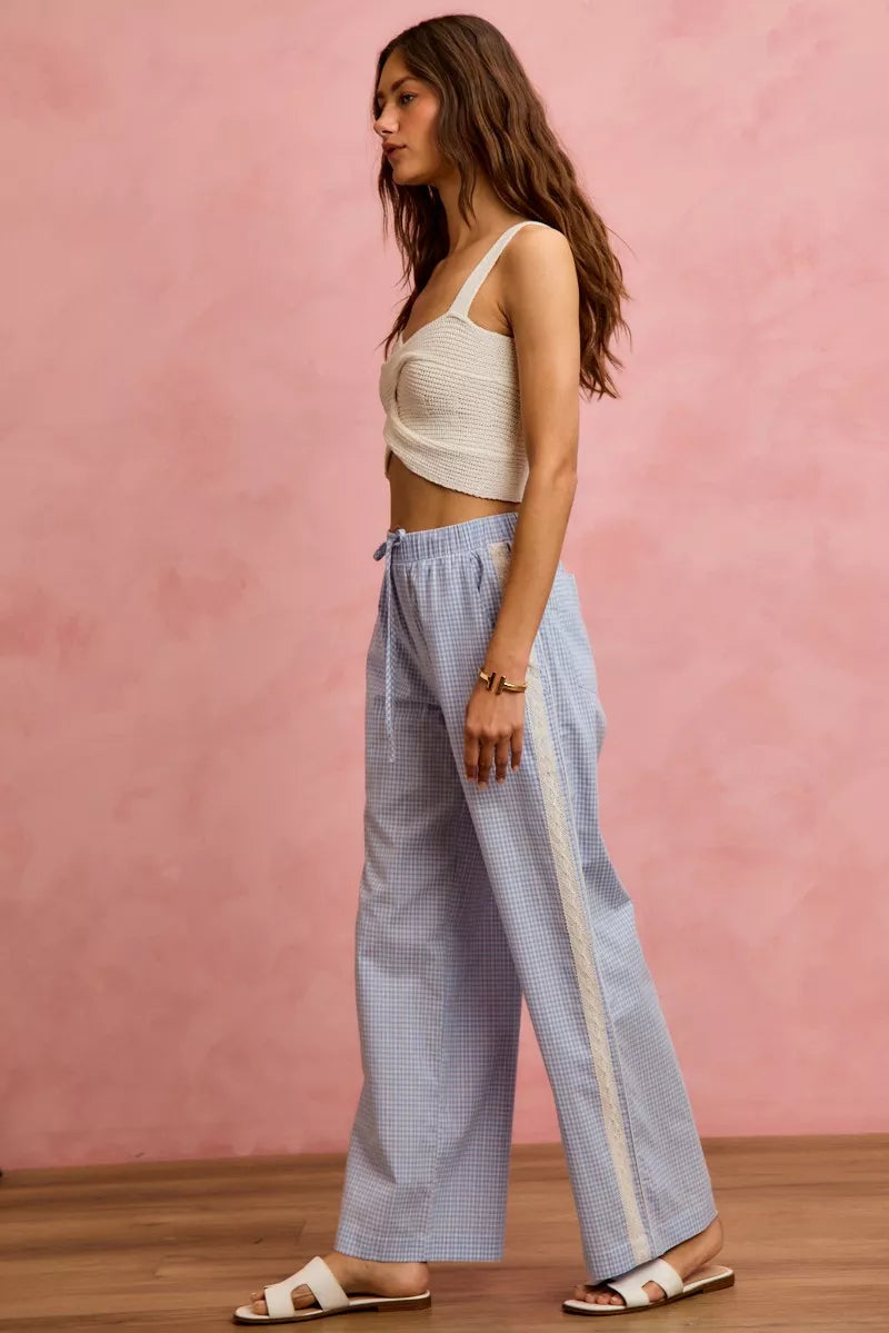 SO ME Wide CheckPants With Side Lace Trim And Piping
