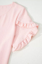 Solid Color Ruffle Trim Short Sleeve Blouse