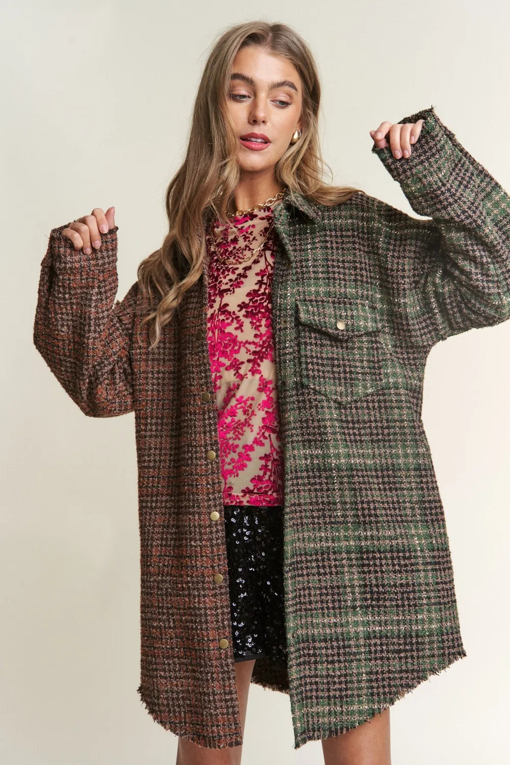 J.NNA Snap Down Tweed Plaid ContrastLongline Shacket