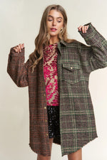 J.NNA Snap Down Tweed Plaid ContrastLongline Shacket