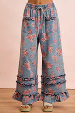 BiBi Washed Floral Denim With Ruffle Elastic Wide Pants