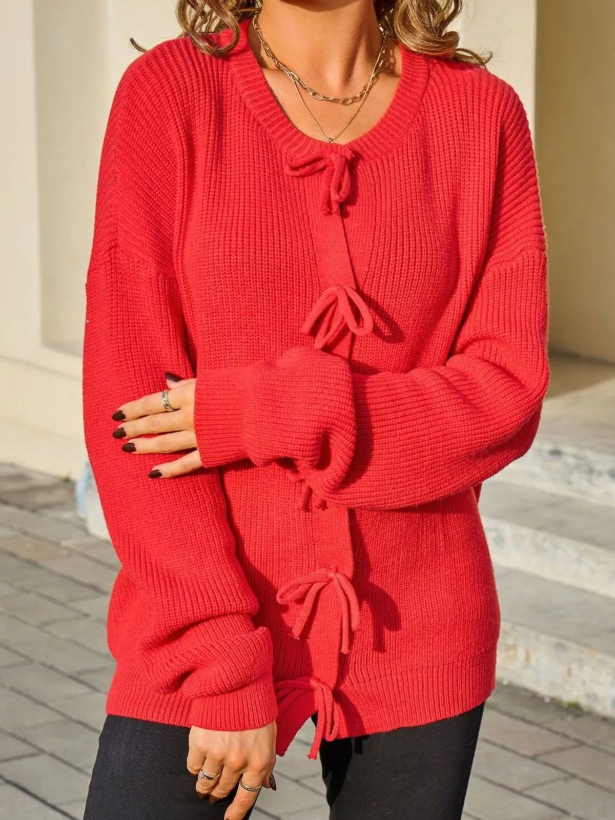 Ribbed Knit Bow-Tie Cardigan
