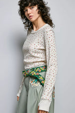 POL Ribbed Knit Floral Crew Neck Long Sleeve Top