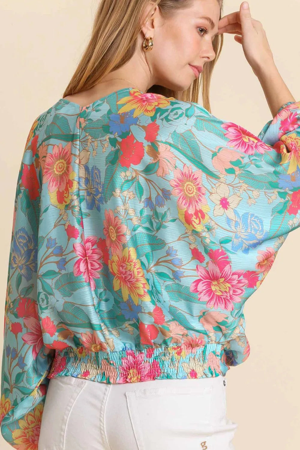 Umgee USA Full Size Floral Print Smocked Back Hem V-Neck Blouse Plus Size