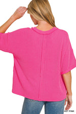 Zenana Raised Rib Short Sleeve Front Pocket Top