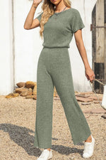 Ribbed Short Sleeve Wide Leg Jumpsuit