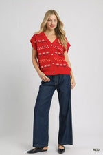 Umgee Button-Down Knit Vest with Floral Pattern