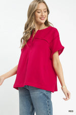 Umgee Textured Gauze Split-Neck Boho Blouse