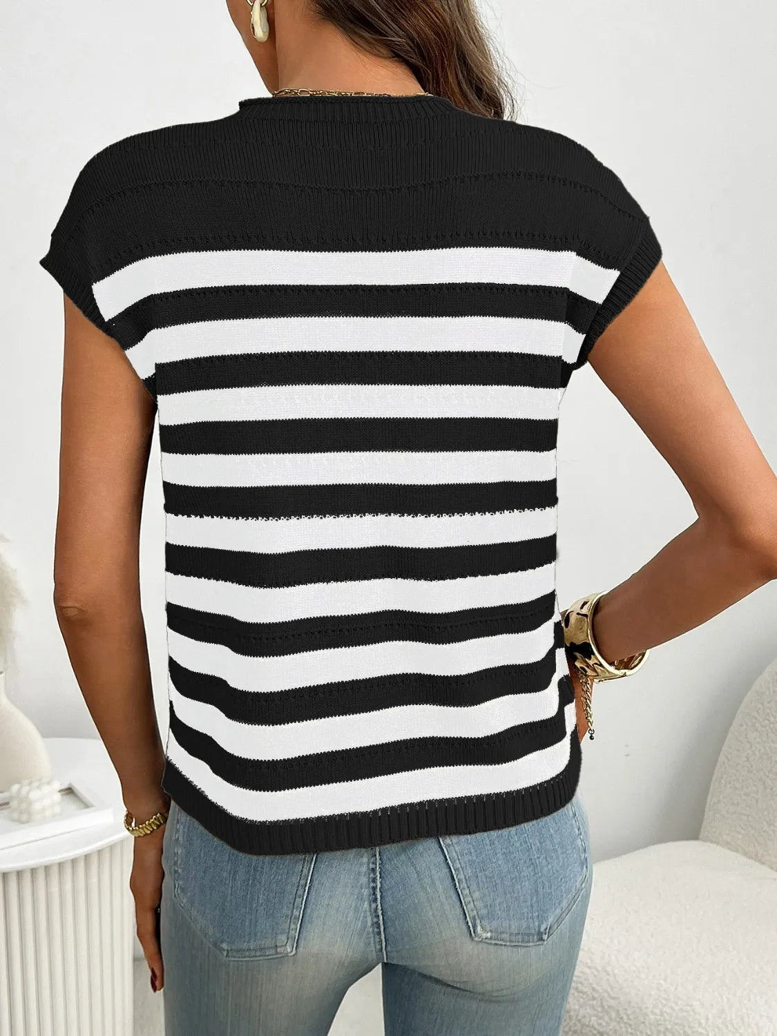 Striped Mock Neck Cap Sleeve Knit Top